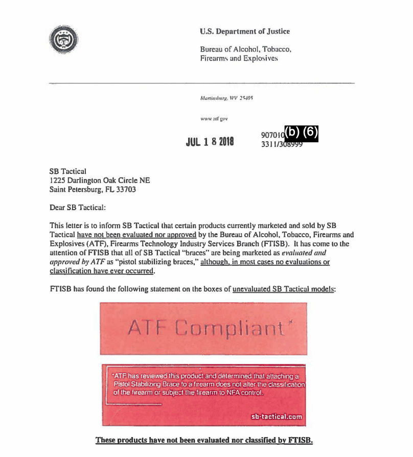 July 2018 letter from ATF to SB Tactical