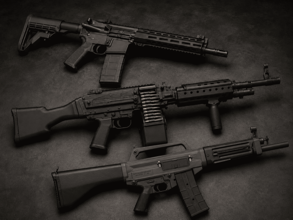 Image of NFA item firearms including a short barreled rifle, machine gun, and AOW (A USAS 12 Shotgun)